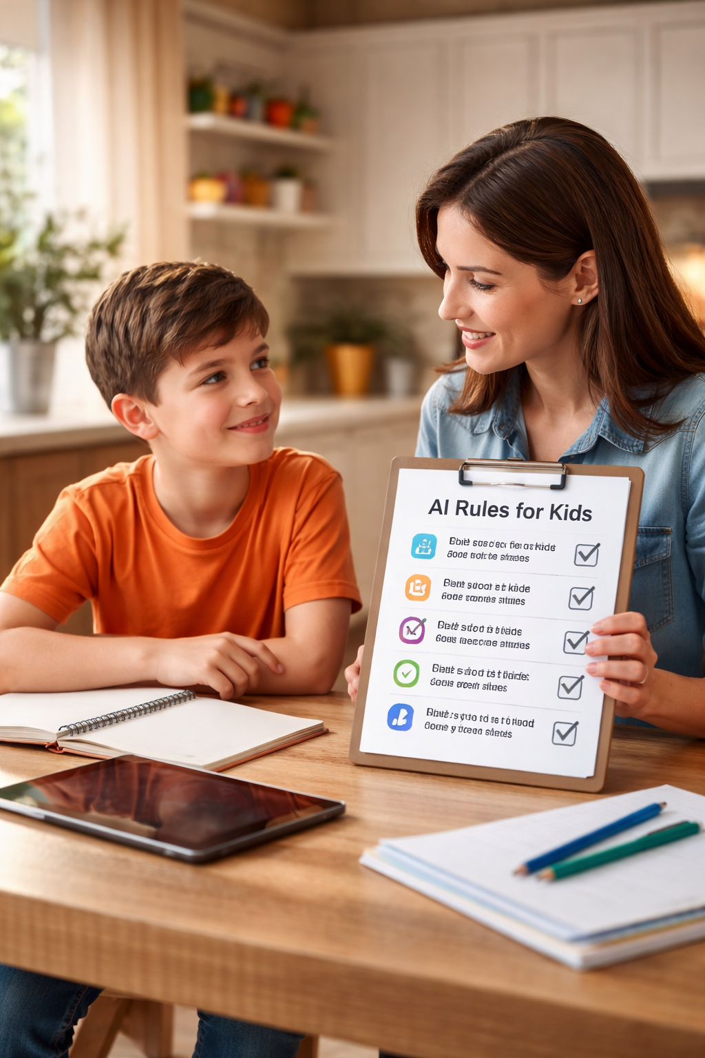 Parent teaching a child safe and responsible AI use with simple rules at home