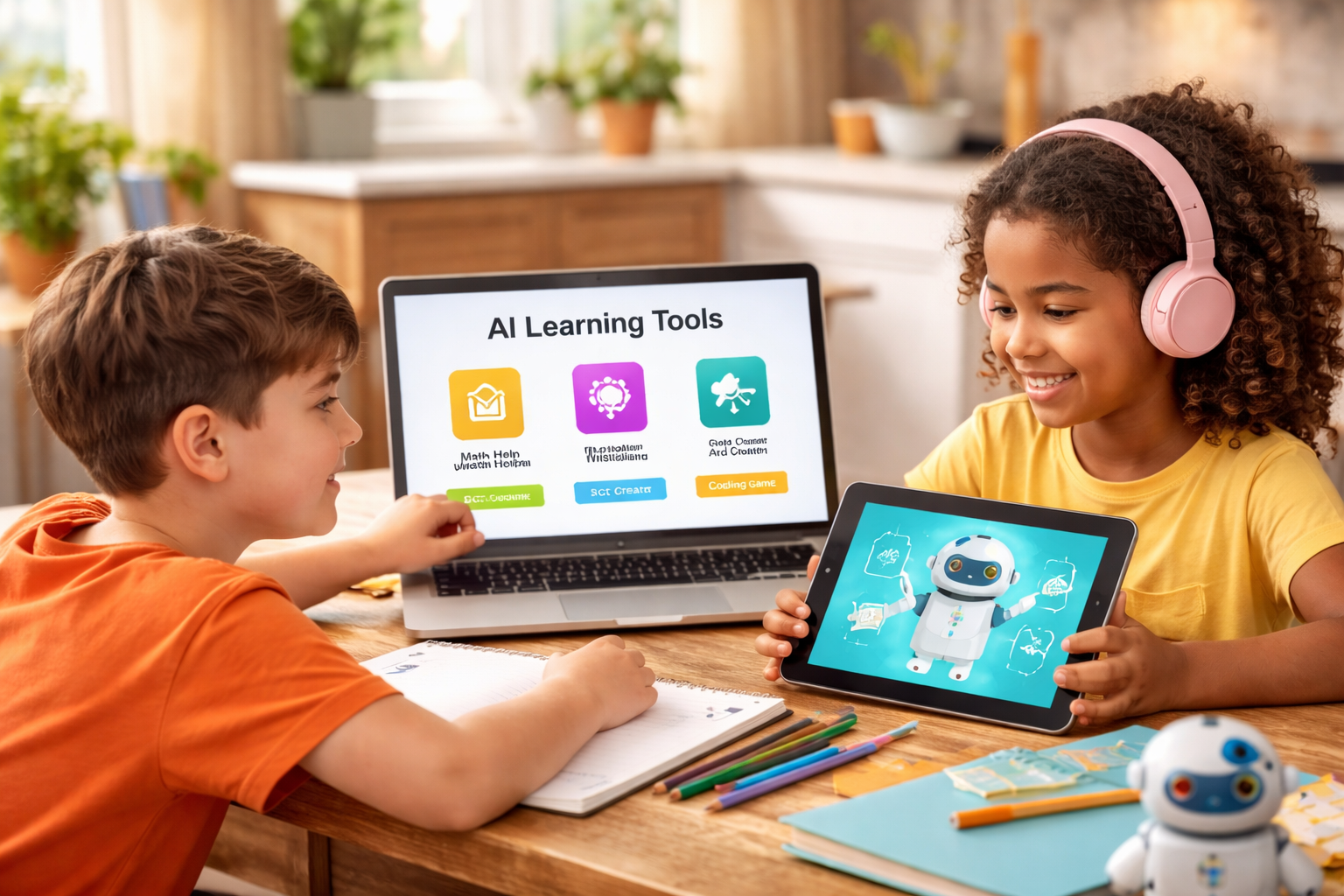 Children using AI learning tools on a laptop and tablet at home under parental guidance