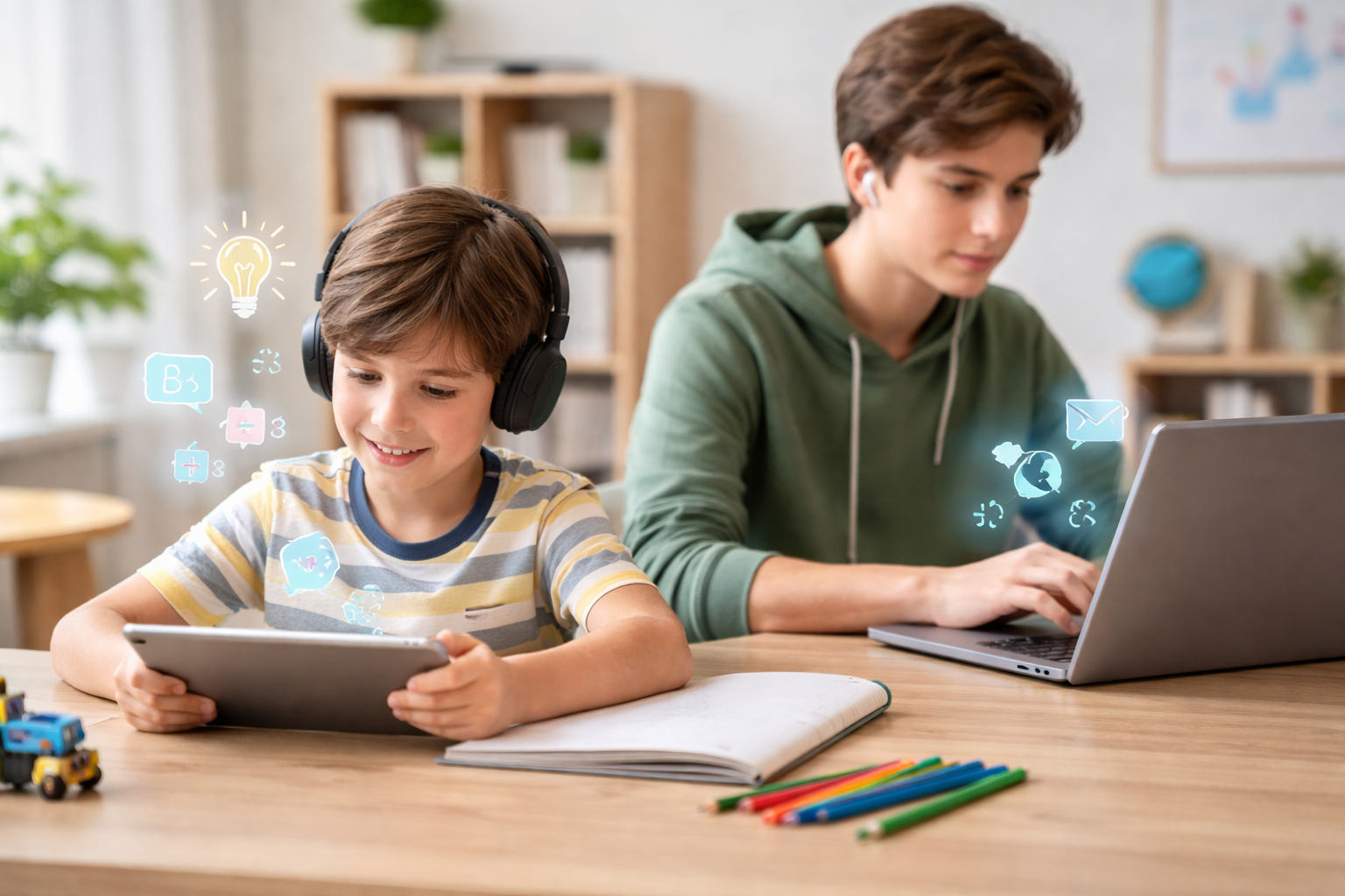 Children using AI-powered learning tools on a tablet and laptop at home